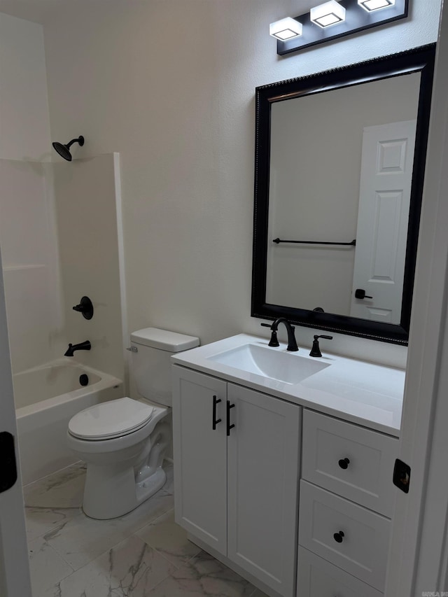 full bath featuring marble finish floor, vanity, shower / bathtub combination, and toilet