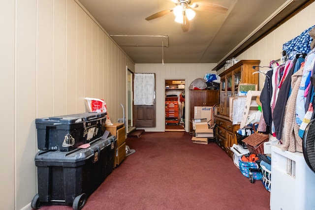 storage area featuring attic access and ceiling fan