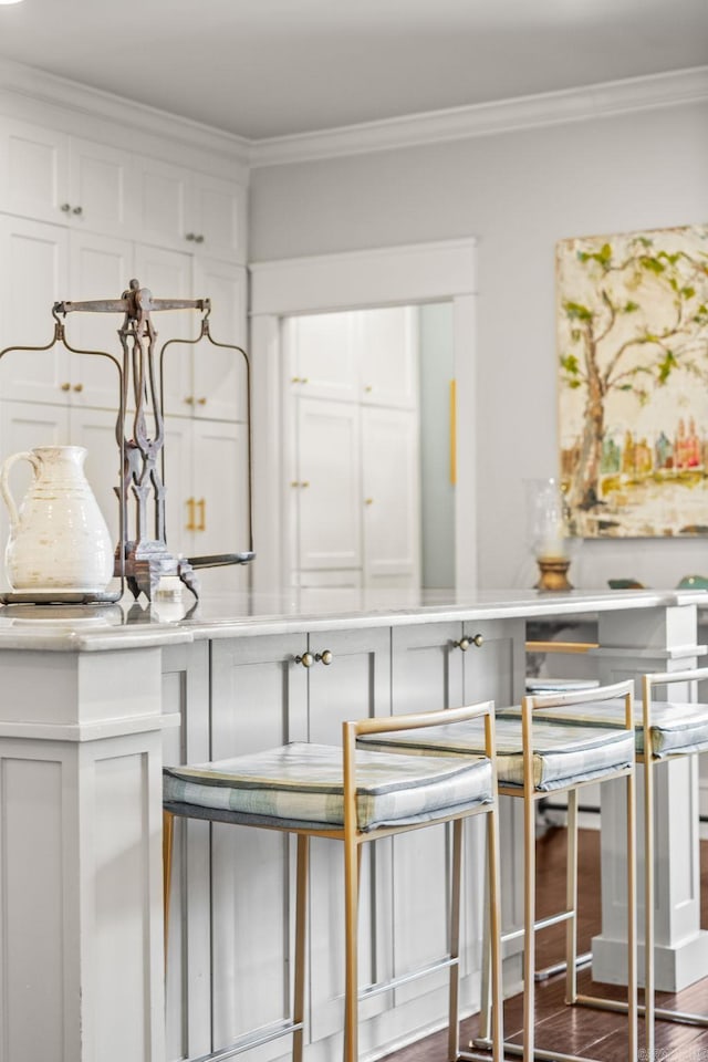 interior space featuring dark wood-style floors and crown molding