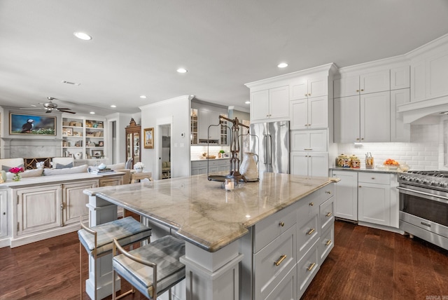 kitchen with light stone counters, dark wood-style floors, open floor plan, high end appliances, and ceiling fan