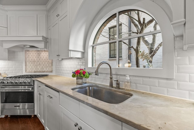 kitchen with a sink, tasteful backsplash, stainless steel stove, white cabinets, and custom exhaust hood