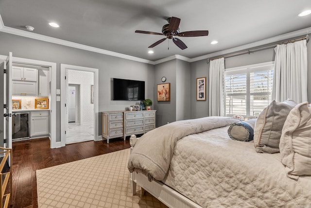 bedroom featuring recessed lighting, wine cooler, dark wood-style flooring, and crown molding