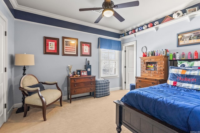 bedroom featuring ceiling fan, baseboards, light carpet, and ornamental molding