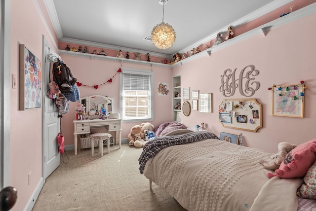 carpeted bedroom featuring visible vents, baseboards, and ornamental molding