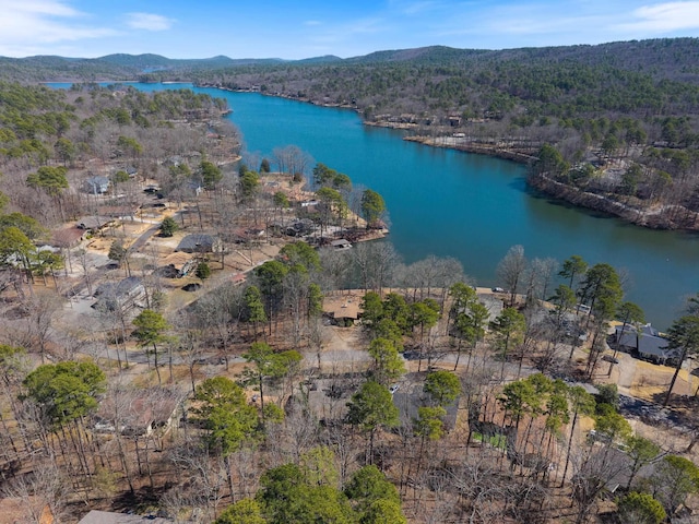 aerial view with a forest view and a water and mountain view