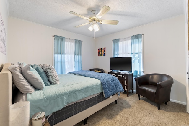 bedroom with multiple windows, light carpet, and a textured ceiling