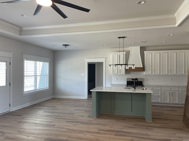 kitchen featuring a sink, light wood finished floors, light countertops, and premium range hood