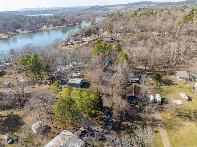 birds eye view of property featuring a forest view and a water view