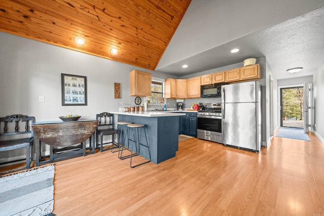 kitchen featuring a peninsula, stainless steel appliances, wood ceiling, light wood-style floors, and a kitchen breakfast bar