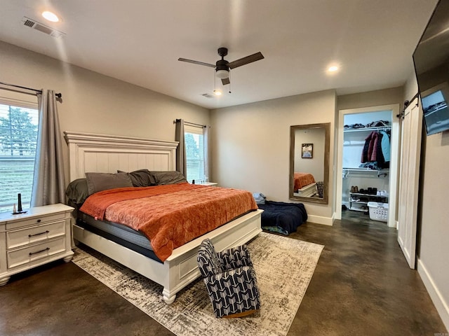 bedroom featuring visible vents, recessed lighting, concrete floors, and baseboards