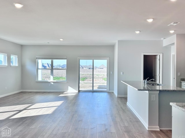 kitchen featuring a wealth of natural light, visible vents, light wood finished floors, and a sink