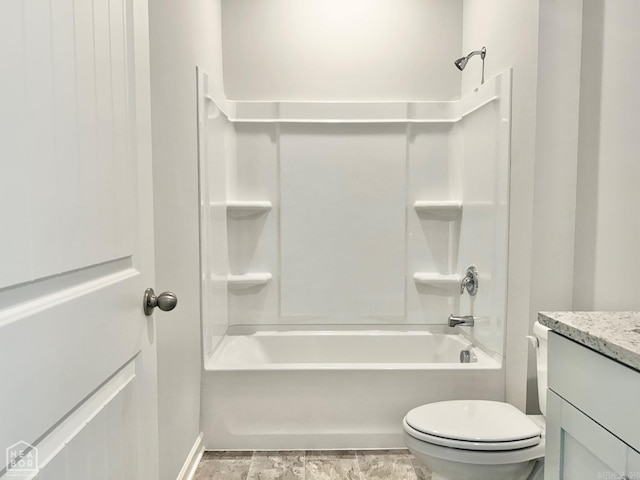 bathroom with shower / bathing tub combination, toilet, and vanity