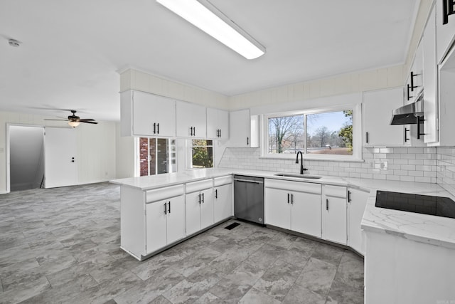 kitchen featuring a sink, a peninsula, decorative backsplash, black electric stovetop, and dishwasher