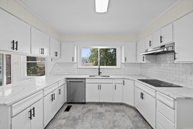 kitchen featuring crown molding, under cabinet range hood, dishwasher, black electric cooktop, and a sink