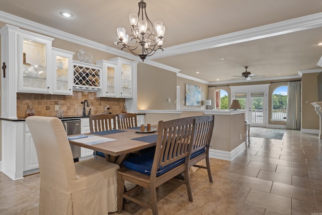 dining area featuring ornamental molding, recessed lighting, wet bar, light tile patterned floors, and baseboards