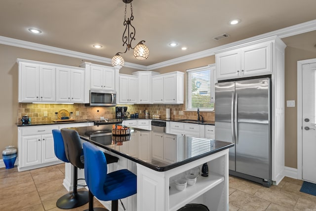 kitchen featuring open shelves, stainless steel appliances, dark countertops, and visible vents