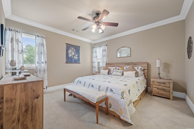 bedroom with light carpet, visible vents, and ornamental molding