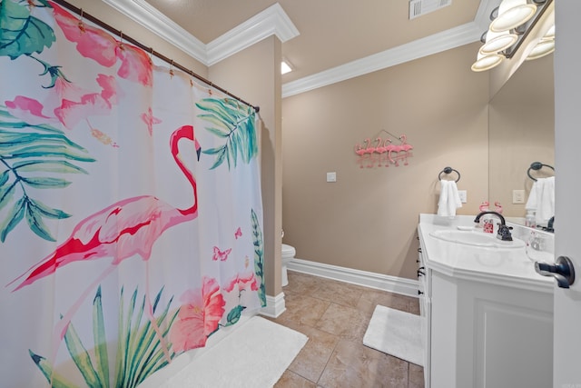 full bathroom with visible vents, toilet, ornamental molding, baseboards, and vanity