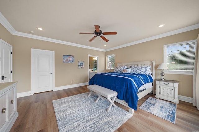 bedroom featuring ornamental molding, wood finished floors, recessed lighting, baseboards, and ceiling fan