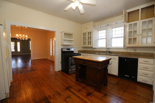 kitchen with a sink, stainless steel range with gas cooktop, black dishwasher, white refrigerator with ice dispenser, and dark wood-style flooring