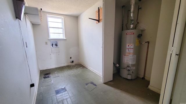 clothes washing area featuring washer hookup, a textured ceiling, water heater, hookup for an electric dryer, and laundry area