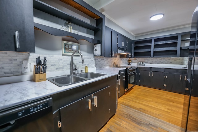 kitchen featuring open shelves, black range with electric cooktop, under cabinet range hood, dishwasher, and a sink