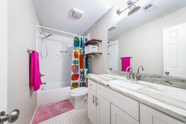 6 Silver Fox Cv, Jacksonville, AR 72076 - bathroom featuring vanity, visible vents, shower / bath combo with shower curtain, tile patterned floors, and toilet