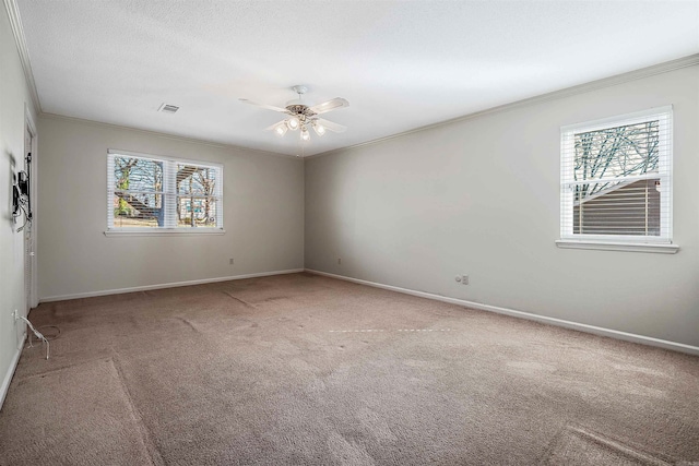 carpeted spare room with a ceiling fan, visible vents, a wealth of natural light, and ornamental molding