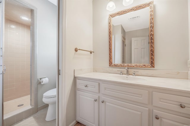 bathroom with tile patterned floors, visible vents, toilet, a shower stall, and vanity