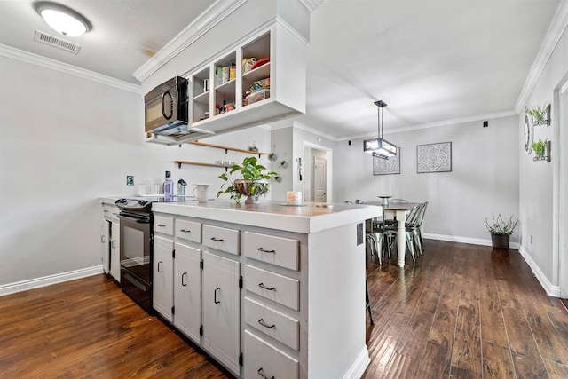 kitchen featuring visible vents, black appliances, open shelves, dark wood-style floors, and crown molding