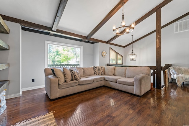 living room with visible vents, baseboards, a chandelier, dark wood finished floors, and beam ceiling