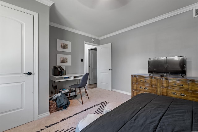 carpeted bedroom featuring crown molding and baseboards