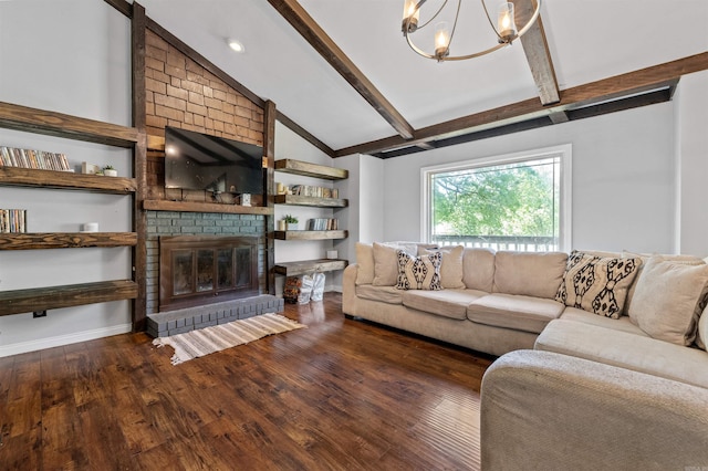 living area featuring wood finished floors, baseboards, an inviting chandelier, vaulted ceiling with beams, and a fireplace