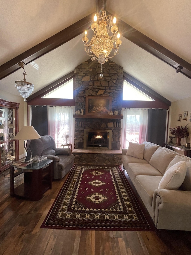 living room featuring a notable chandelier, vaulted ceiling with beams, and wood finished floors