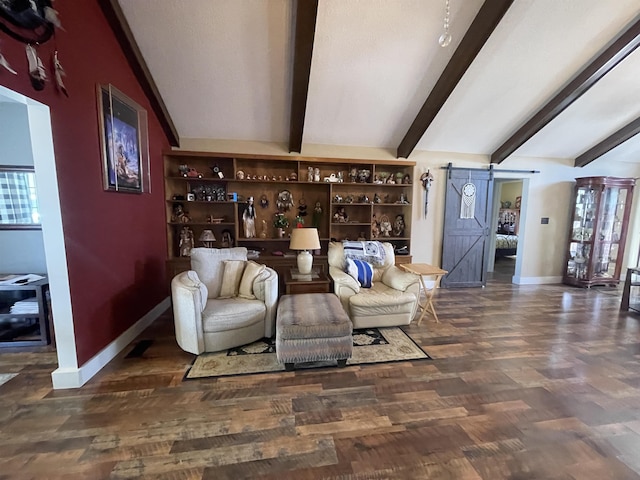 living room with lofted ceiling with beams, a barn door, baseboards, and wood finished floors