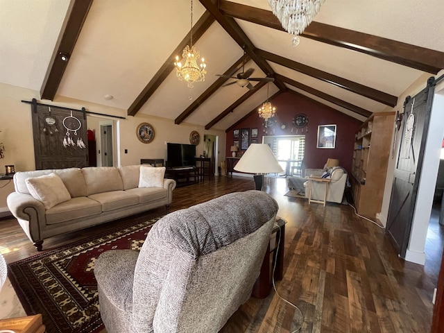 living area with lofted ceiling with beams, a barn door, an inviting chandelier, and dark wood-style flooring