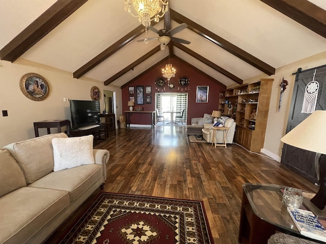 living room featuring lofted ceiling with beams, baseboards, wood finished floors, and ceiling fan with notable chandelier