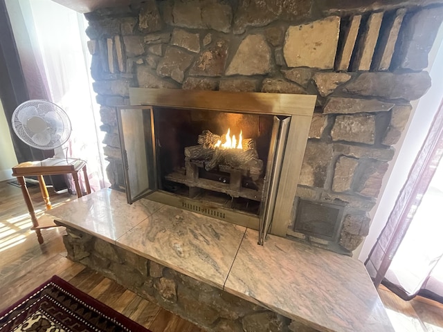 details featuring a fireplace, a wood stove, and wood finished floors