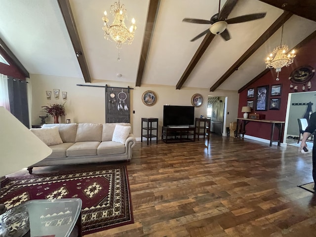 living area with ceiling fan with notable chandelier, lofted ceiling with beams, wood finished floors, and baseboards