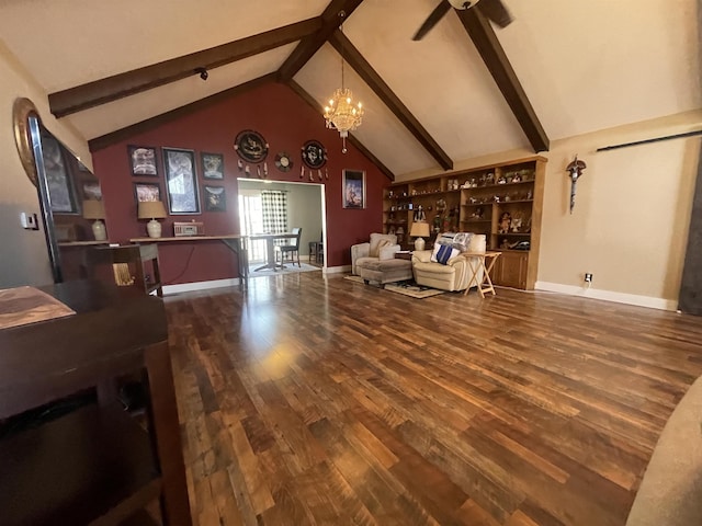 living room featuring wood finished floors, baseboards, high vaulted ceiling, beam ceiling, and a chandelier