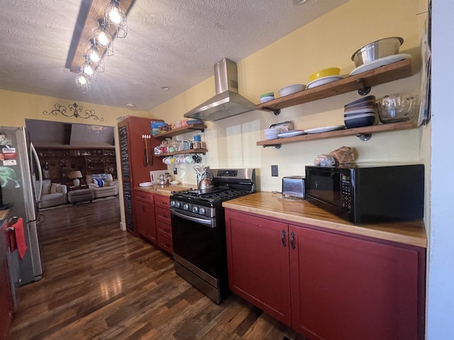 kitchen with open shelves, stainless steel appliances, a textured ceiling, wall chimney exhaust hood, and dark wood-style flooring