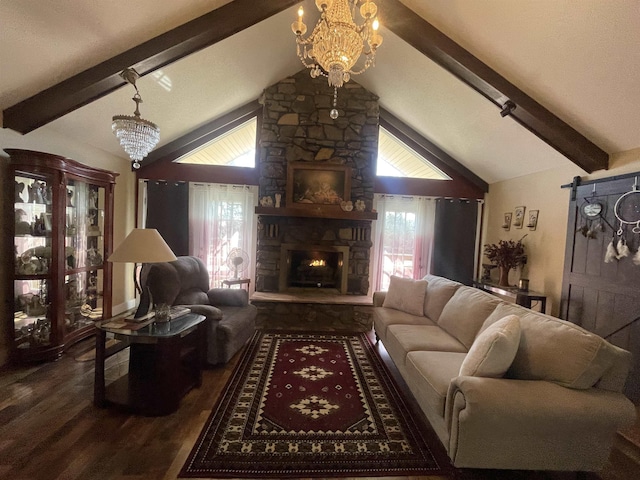 living room featuring a stone fireplace, an inviting chandelier, wood finished floors, and lofted ceiling with beams