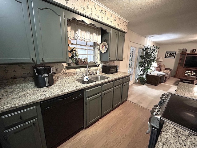 kitchen with a sink, black dishwasher, electric stove, a textured ceiling, and open floor plan