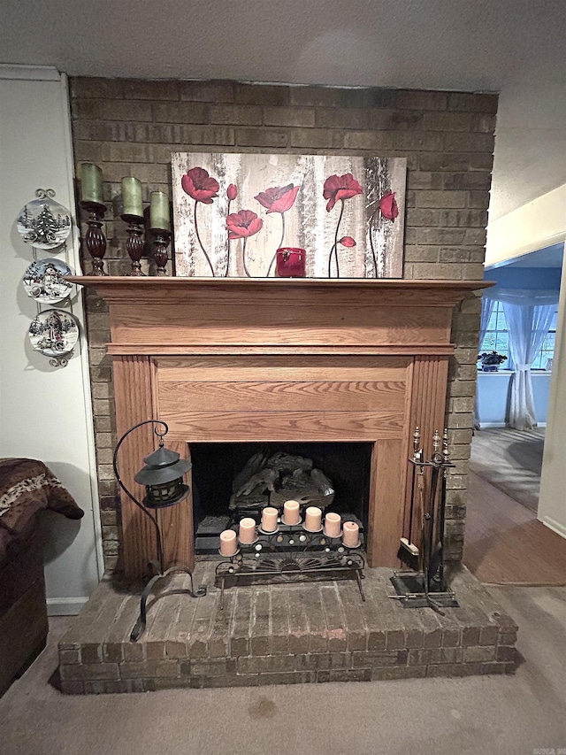 interior details with a brick fireplace