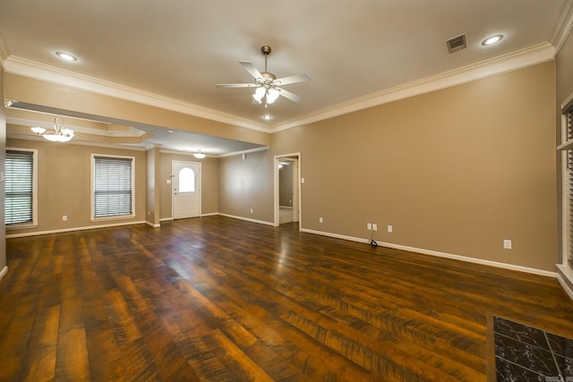 unfurnished room featuring visible vents, baseboards, wood finished floors, and ceiling fan with notable chandelier