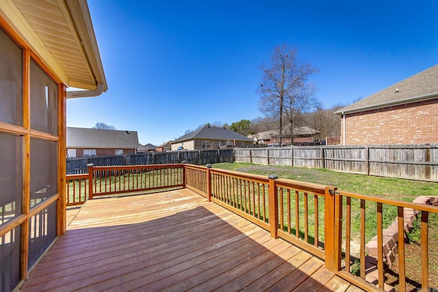 deck with a residential view, a lawn, and a fenced backyard