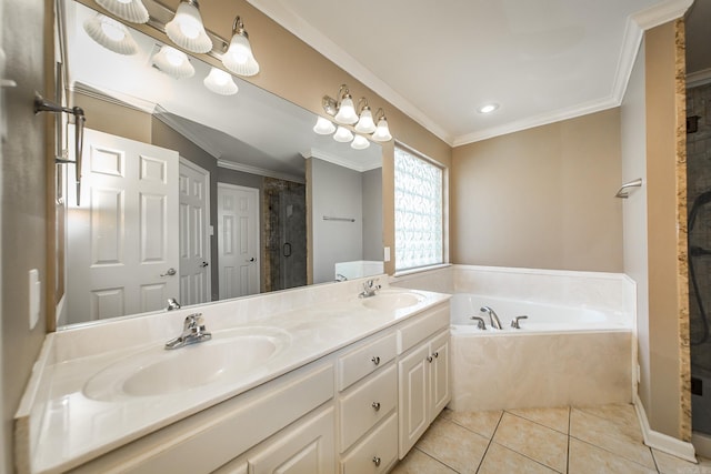 full bath with tile patterned flooring, ornamental molding, and a sink