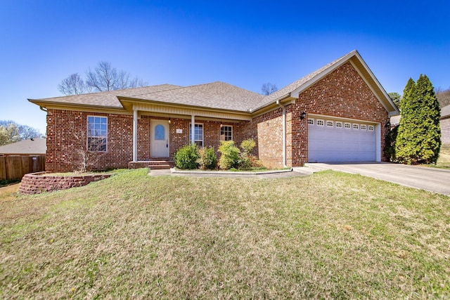 single story home featuring driveway, roof with shingles, a front lawn, a garage, and brick siding