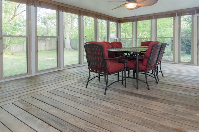 sunroom with a healthy amount of sunlight and ceiling fan