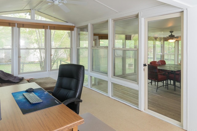 office space featuring lofted ceiling, ceiling fan, and carpet flooring